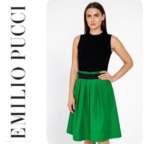 Emilio Pucci ladies midi skirt Kelly green black 8 pleated elegant modest - Picture 16 of 16